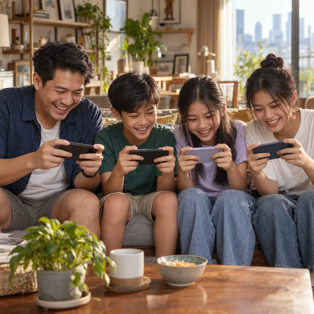 ครอบครัวเล่นเกมด้วยกันบนโซฟา