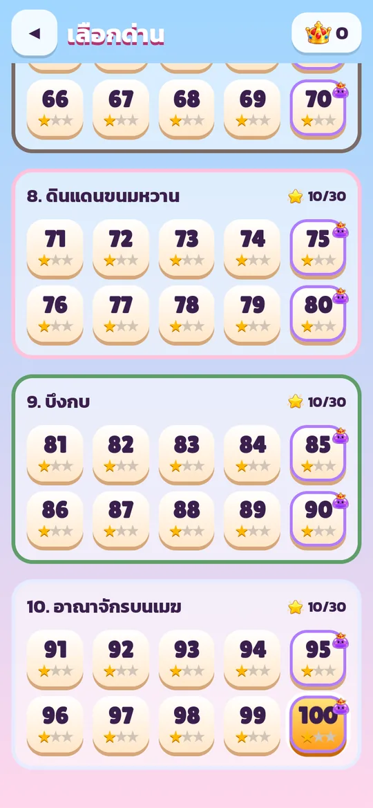 หน้าเลือกด่าน 100 ด่าน แบ่งเป็นดินแดนขนมหวาน บึงกบ และอาณาจักรบนเมฆ