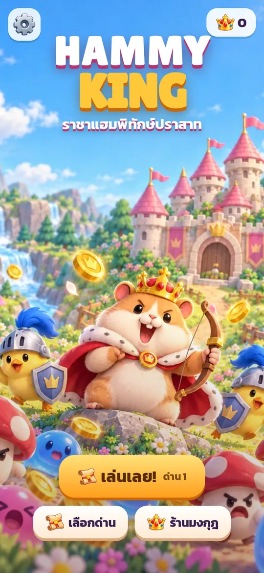 หน้าแรกของเกม HAMMY KING ราชาแฮมพิทักษ์ปราสาท มีปุ่มเล่นเลย เลือกด่าน และร้านมงกุฎ