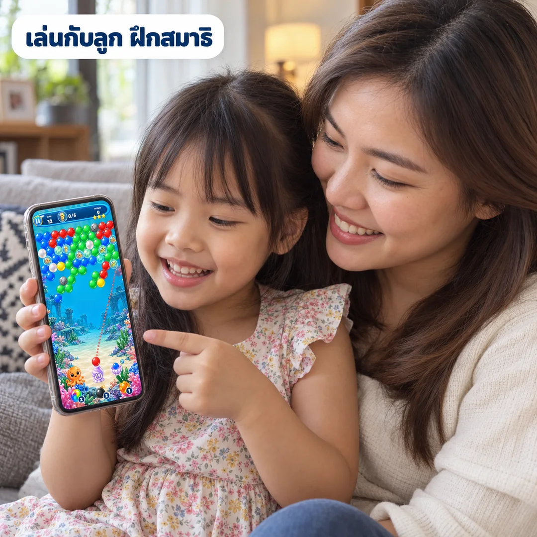 แม่กับลูกเล่นเกมฟองสบู่ทะเลใสบนมือถือ