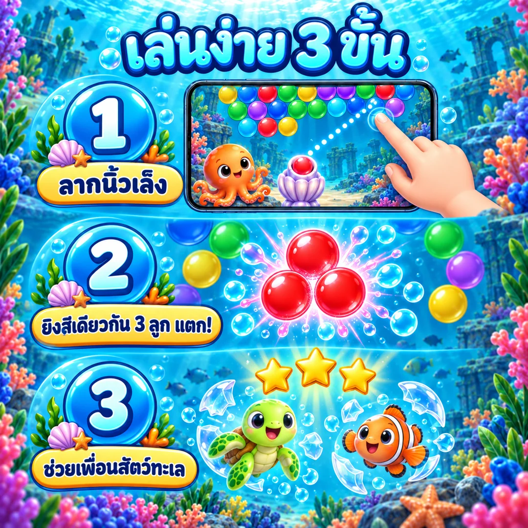 วิธีเล่นฟองสบู่ทะเลใส 3 ขั้น: ลากนิ้วเล็ง ยิงสีเดียวกัน 3 ลูก ช่วยเพื่อนสัตว์ทะเล