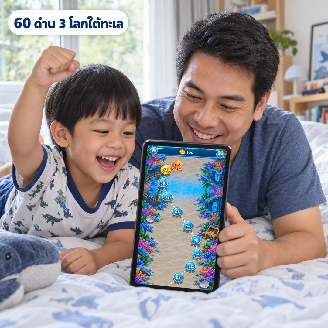 พ่อกับลูกเล่นเกมฟองสบู่ทะเลใสบนแท็บเล็ต แผนที่ 60 ด่าน