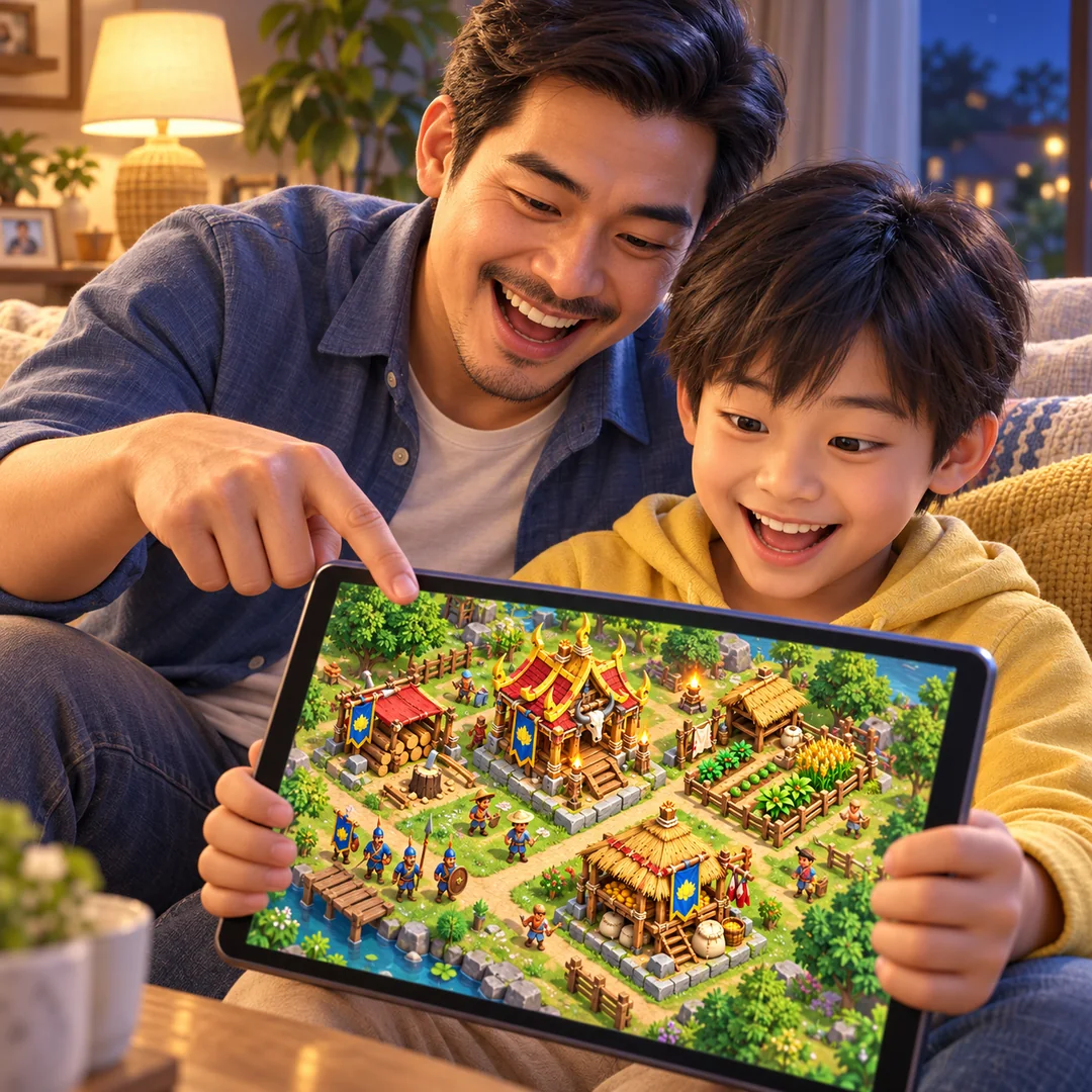 พ่อกับลูกชายเล่นเกมศึกชิงหมู่บ้านด้วยกันบนแท็บเล็ต