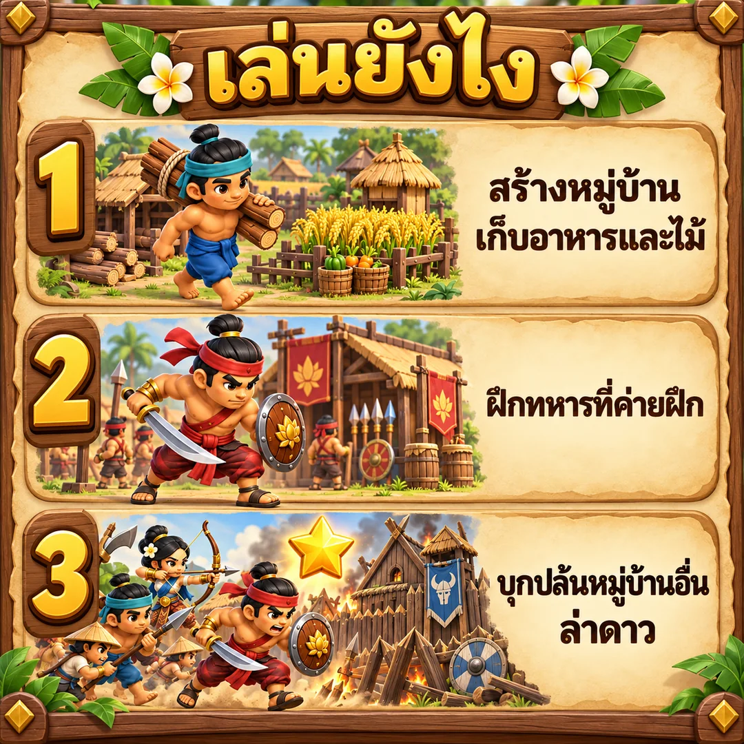 วิธีเล่นศึกชิงหมู่บ้าน 3 ขั้น: สร้างหมู่บ้านเก็บอาหารและไม้ ฝึกทหาร บุกปล้นหมู่บ้านอื่นล่าดาว